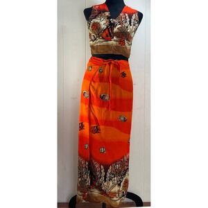 Tropic Threads Orange‎ Fish Print Sleeveless Crop Top Maxi Skirt Set Medium